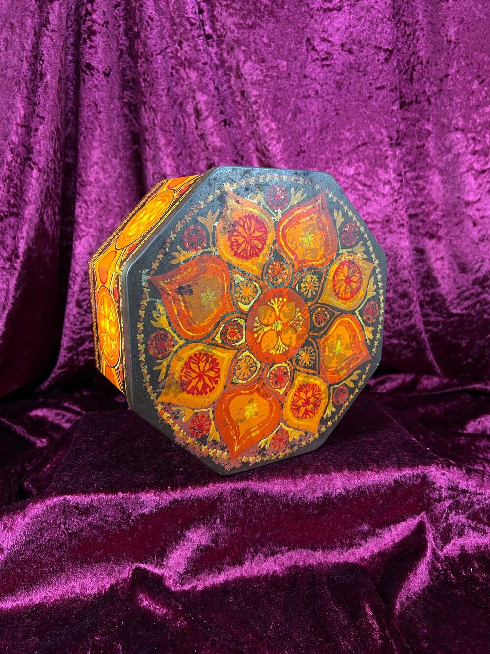 Vintage 1970s Metal Tin Storage Box - Groovy Hexagonal Floral Orange Container
